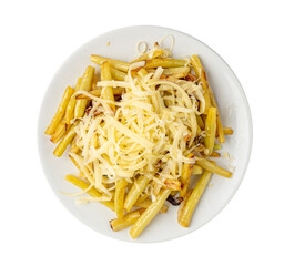 Fried French Beans, Cooked Yellow Pods with Grated Cheese, Healthy Diet Vegetables on White Background