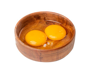 Two Broken Eggs in Bowl Isolated, Raw Yolk and White, Fresh Broken Organic Chicken Eggs
