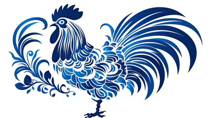 Fototapeta na wymiar describing a horizontal layout of a- kintsugi rooster in blue-on-white, in a Farm- themed JPG format. generative ai