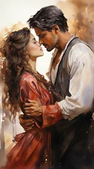 Fotobehang Love romantic couple painted in watercolor, cover for romance novel. Man and woman hug each other. © NS