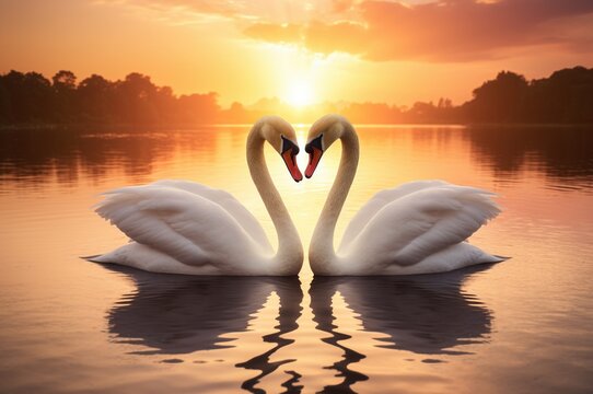 Dos cisnes blancos al atardecer haciendo el s&iacute;mbolo del amor con la forma de sus cuellos