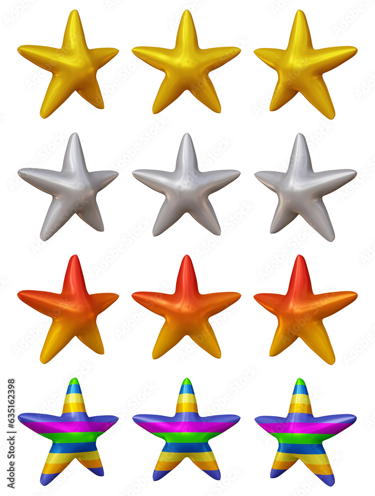 Poster set of star shape icon symbol isolated on transparent background in 3d rendering.