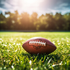 close up of American football on the grass in park