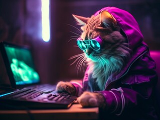 Hacker cat working with computer