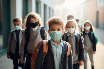 Students wearing face masks during the epidemic of the virus - obrazy, fototapety, plakaty