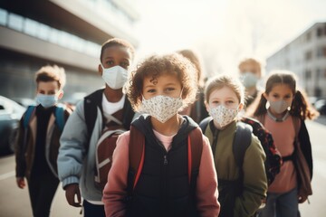 Students wearing face masks during the epidemic of the virus - obrazy, fototapety, plakaty