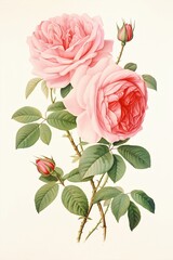 Simple clean botanical illustration of two pink roses and rose buds attached to single-stem on a tan background.