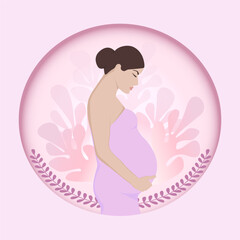 Beautiful young pregnant woman. Pregnancy and motherhood. Flat vector illustration.
