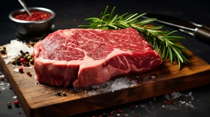Fotobehang fresh raw steak meat on wooden board with rosemary and spice. © Jasper W