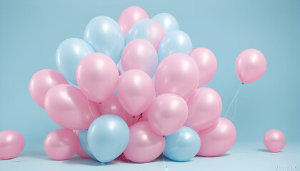 Fototapeta na wymiar birthday party balloons on light blue background - Generative AI
