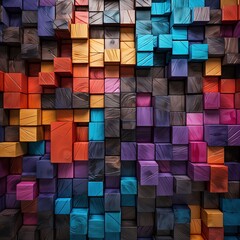 Colorful abstract background of wooden cubes of different sizes and colors. Colorful wooden cubes Pattern background.