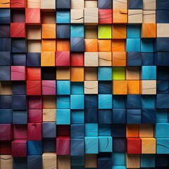 Colorful abstract background of wooden cubes of different sizes and colors. Colorful wooden cubes Pattern background.