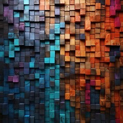 Colorful abstract background of wooden cubes of different sizes and colors. Colorful wooden cubes Pattern background.
