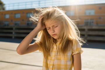 Fototapeta na wymiar School girl holding her hand behind her head, experiencing a migraine