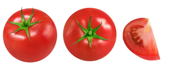 Collection of tomatoes on an isolated white background. Whole and sliced
