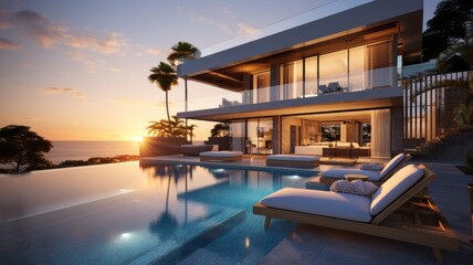 Fototapeta premium Luxury modern Pool villa House with swimming pool, Contemporary Residence, Real estate property, Travel and summer vacation, Tourist and relaxation, sunset and twilight time, Generative AI