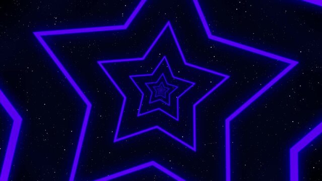 Bright glowing futuristic endless star shape tunnel in the Universe. Shiny stars forming a seamless tunnel, changing the color from blue to purple. Abstract cosmic background animation. Perfect loop.