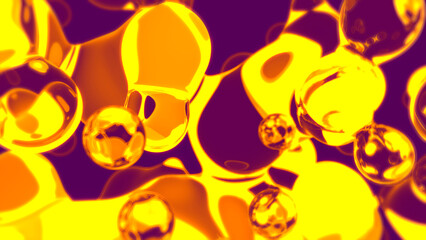 golden pellucid liquid bulbs floating on purple bg - abstract 3D illustration