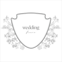 Wedding Crest with Flowers. Line Art Illustration.