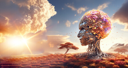 Metaphorical intellect is a surreal brain landscape representing the future of human knowledge and mental growth. This concept merges science and inspiration, symbolizing positive mental health 