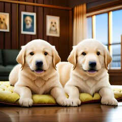 Puppies of the Golden Retriever breed lying on a cozy pillow. Created with generative Ai technology.