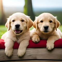 Puppies of the Golden Retriever breed lying on a cozy pillow. Created with generative Ai technology.