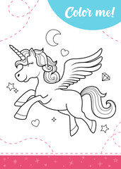 Coloring page for kids with beautiful unicorn.
Printable worksheet, vector illustration.