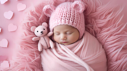 Newborn sleeping baby in wrapped in pink blanket with stuffed bear.  Baby wearing a pink knit hat. 