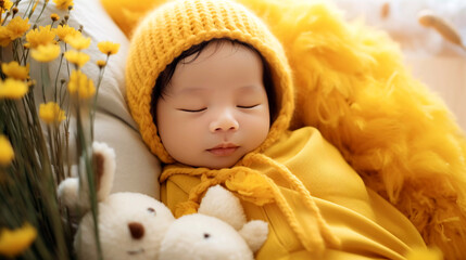 Sleeping baby in yellow with stuffed animals.  Newborn infant in yellow knitted cap and blanket.  
