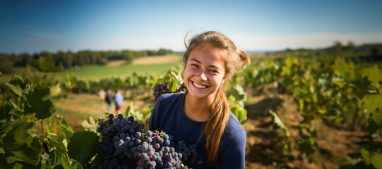 teenagers have fun harvesting grapes in the south of France, summer job