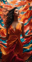 A woman in an orange dress standing in front of a vibrant and colorful backdrop