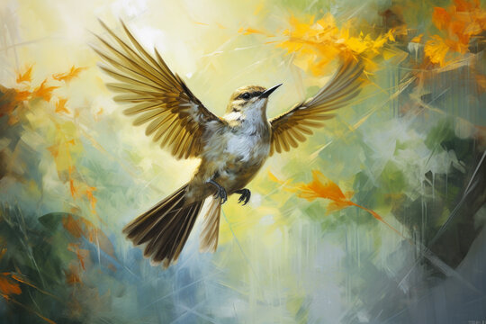 Digital painting of a bird in flight with its wings spread wide. The bird is a small songbird with a white breast, brown wings and tail, and a black stripe on its head