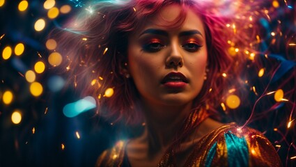 A woman with vibrant red hair against a backdrop of dazzling lights