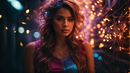 A woman illuminated by a vibrant array of lights