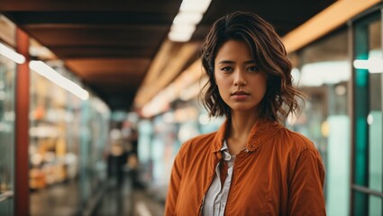 A woman in an orange jacket standing in a hallway