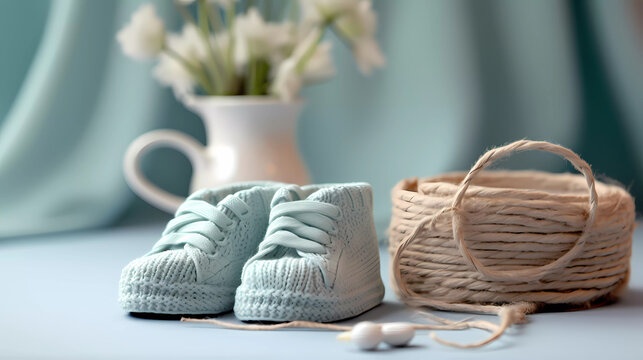 Knitted baby blue booties. Handmade knit newborn shoes for invitations, announcements, scrapbooking, crafts