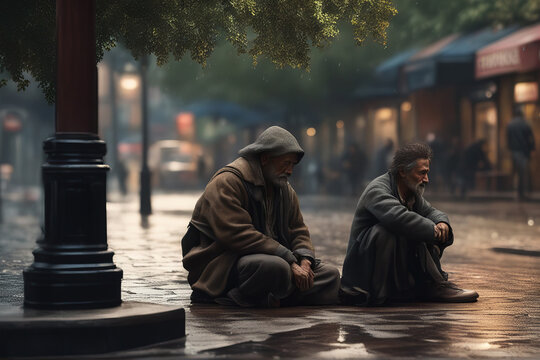 Two homeless poor old men sitting on a wet muddy street in the rain.
