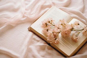 An open book with pink flowers on the pastel pink background 