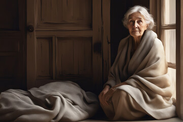 An old grandmother in an old cape sits near a sleeping spot on the floor in her house. - obrazy, fototapety, plakaty