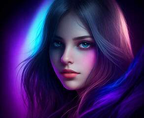 An anime beautiful girl with long hair and dark background.