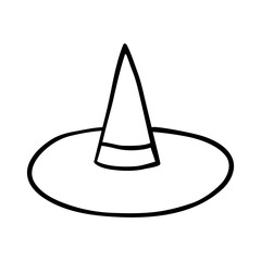 Halloween pointed witch or sorcerer hat isolated on white. Black line drawing sketch in doodle style. Vector picture, illustration of traditional decoration, holiday design.