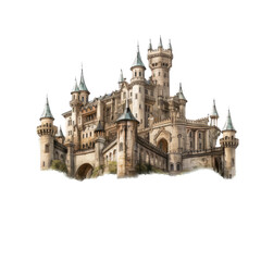 Fototapeta na wymiar a castle with round turrets in a Medieval-themed, photorealistic illustration in a PNG, cutout, and isolated. generative ai