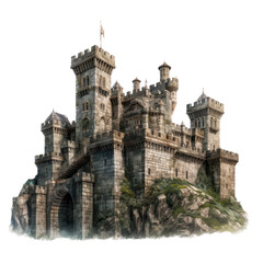 Fototapeta na wymiar a castle with square turrets in a Medieval-themed, photorealistic illustration in a PNG, cutout, and isolated. generative ai