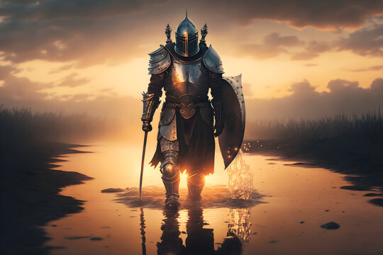 Medieval knight with sword and shield at sunset. 3d illustration. Ai generative