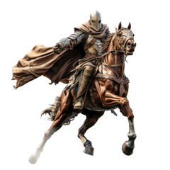 a Knight in armor on a sorrel rust-colored horse in motion in a Medieval-themed, photorealistic illustration in a PNG, cutout, and isolated. generative ai