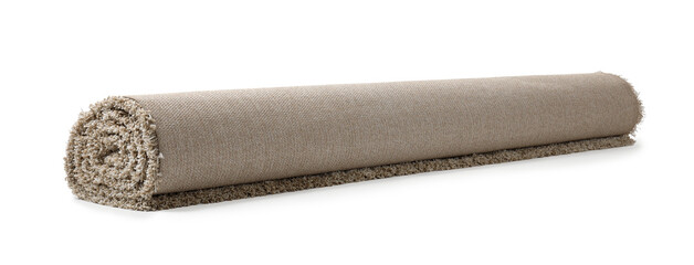 Rolled fuzzy carpet on white background. Interior element