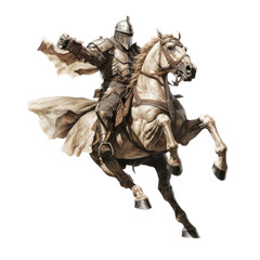 a Knight on a horse with sword 3/4 view in an isolated and transparent PNG in a Medieval-themed, photorealistic illustration. Generative ai