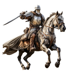 Fototapeta premium a Knight on a horse with sword 3/4 view in an isolated and transparent PNG in a Medieval-themed, photorealistic illustration. Generative ai