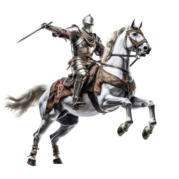 a Knight in armor on a white horse with a sword in motion in a Medieval-themed, photorealistic illustration in a PNG, cutout, and isolated. generative ai