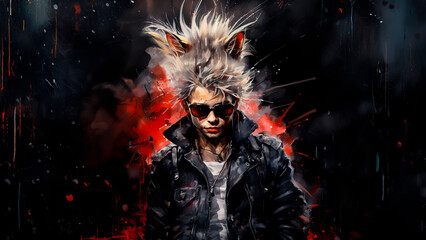 Obraz premium Man in punk style with hat with cat ears.